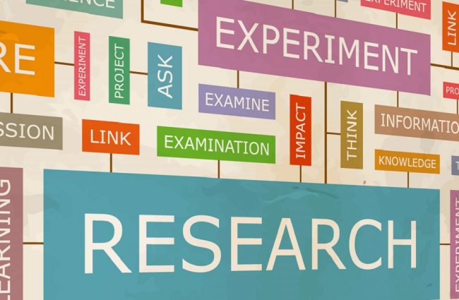 RESEARCH. Concept related words in tag cloud. Conceptual info-text graphic. Word collage.